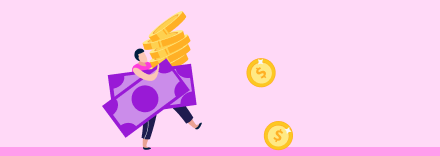 animated image of a man carrying large amount of oversized gold coins and cash notes