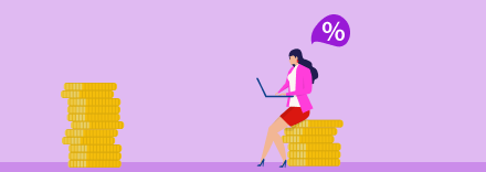 animated image of a woman sitting on a stack of gold coins whilst on her laptop calculating