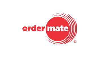 OrderMate logo with the word order shown in red font and no background and the word mate shown in white on top of a red circular patterned background