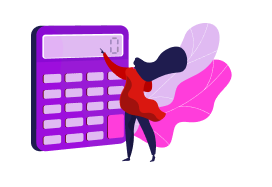 animated image of a woman in red dress using a life sized calculator