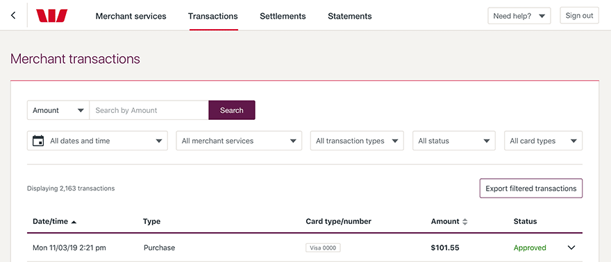 Merchant reporting - export filtered transactions