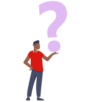 Illustration of a person with their left hand gesturing to an over sized question mark
