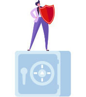 Cartoon of a person carrying a protective shield and standing on top of a security safe box