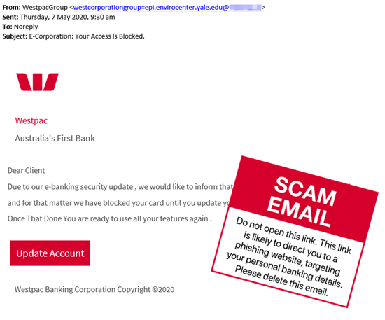 Scam email - Westpac - ecorporation your is blocked - May 2020