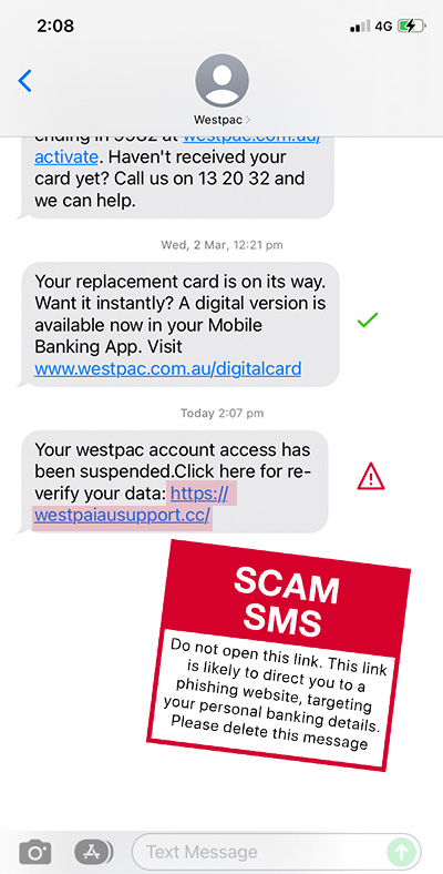Scam message - Westpac_Scam_SMS_Access_Suspended_Example