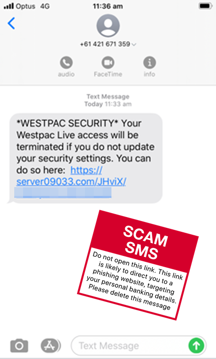 Scam message - Westpac - Access Terminated - June 2020