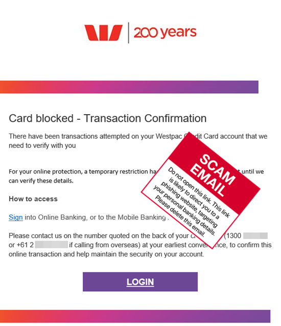 Scam email - Westpac -For your online protection   - Mar 2021