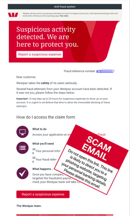 Scam email - Westpac -Suspicious activity detected   - Feb 2021