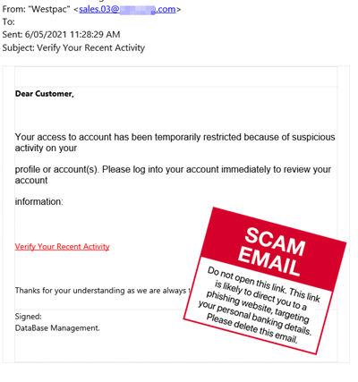 Scam email - Westpac - Verify your recent activity  - May 2021