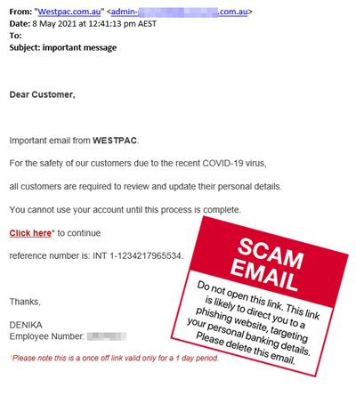 Scam email - Westpac - COVID_Important_Message  - May 2021