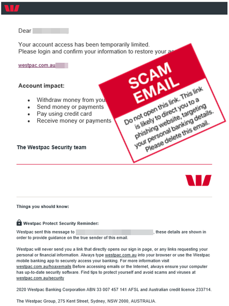 Scam email - Westpac - Account Limited   - November 2020
