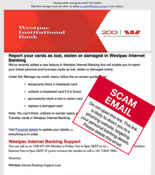 Scam email - Westpac - Report cards as lost or stolen and update your personal details   - April 2021