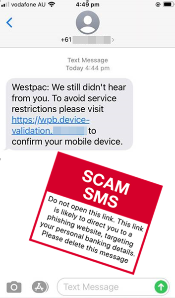 Scam message - Westpac - Confirm your mobile device to avoid restrictions - Jan 2021