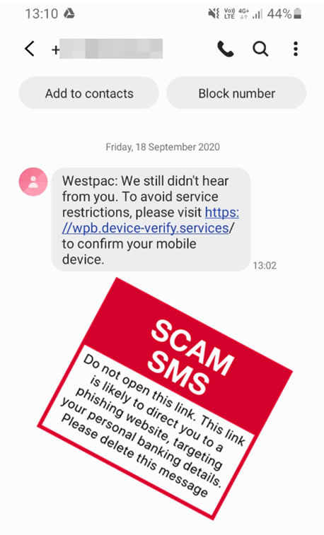 Scam message - Westpac - Confirm Mobile Device - Sep 2020