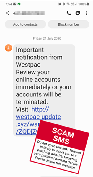 Scam message - Westpac - Accounts Terminated - June 2020