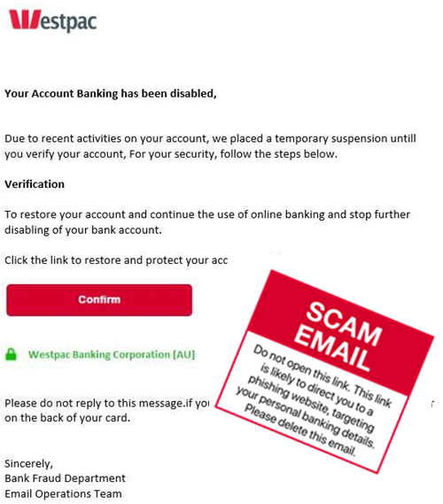Scam email - Westpac - Account Disabled   - August 2020