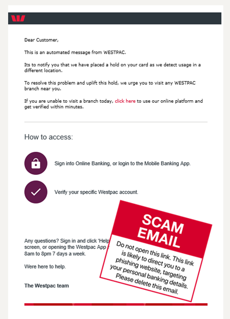 Scam email - Westpac - Westpac Customer Services   - July 2020
