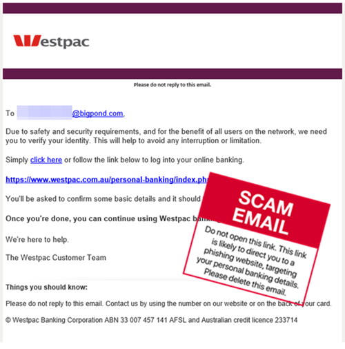 Scam email - Westpac - Important Message About Your Online Banking  - July 2020