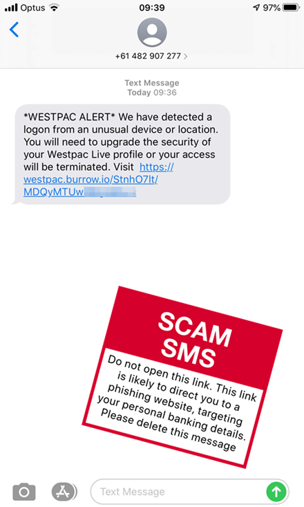 Scam message - Westpac - 'Unusual Login' - April 2020