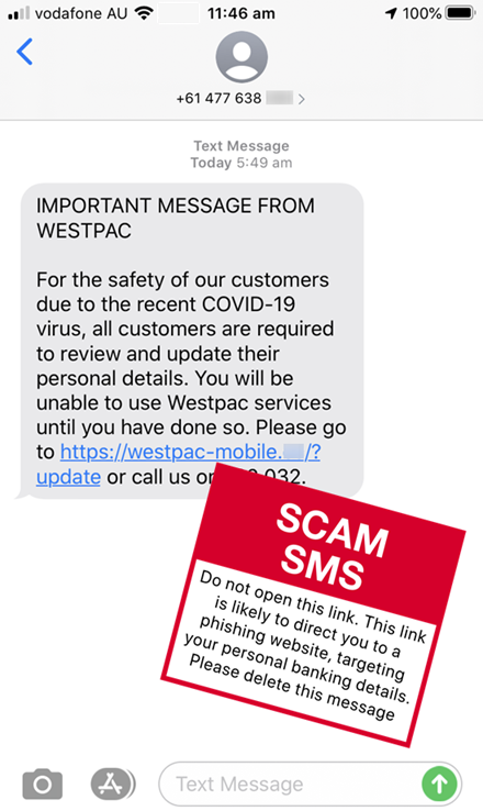 Scam message - Westpac - 'Important message from westpac' - March 2020