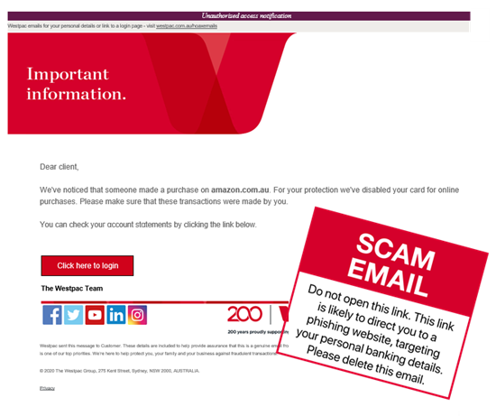 Scam email - Westpac - Your Westpac online banking services has been disabled - March 2020