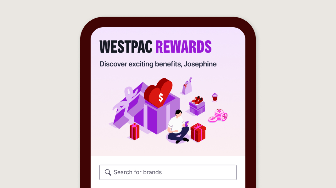 Westpac Rewards app screen showing rewards offers and gift icons, with a search bar for browsing participating brands.