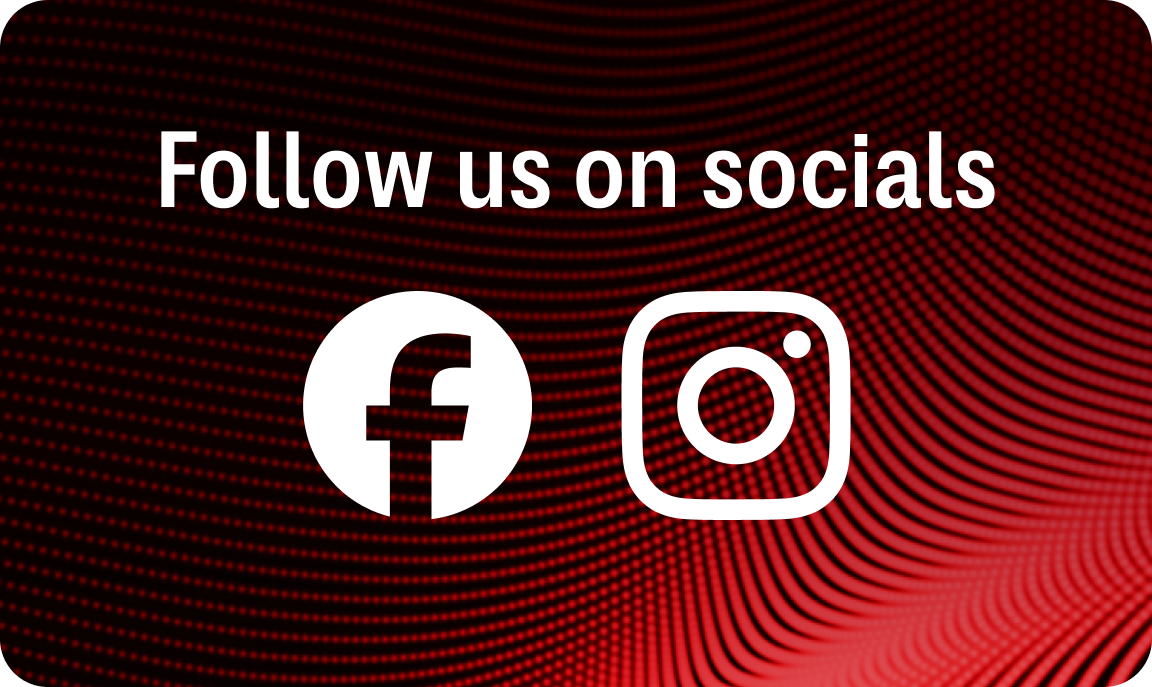 Follow us on socials graphic with Facebook and Instagram icons on a red patterned background.