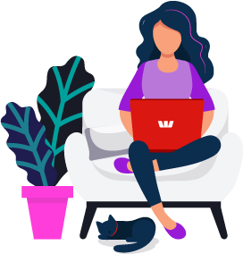 Illustration of a person sitting on an armchair and using a laptop next to a potplant with a cat curled up underneath the chair