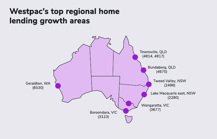 Map of Australia showing Westpac's top regional home lending growth areas
