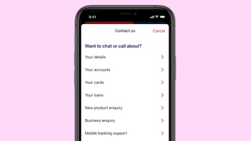 A mobile phone depicting the Contact us menu in the new Westpac App