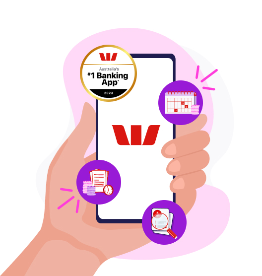 Illustrated hand holding a mobile phone, with some illustrated features and a badge for Westpac’s #1 Banking App win in 2023 