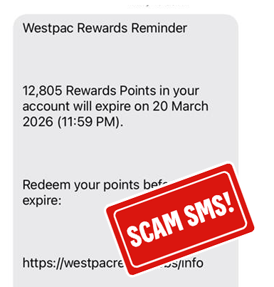 Image of Westpac Rewards impersonation SMS