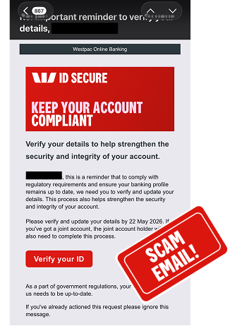 Image of Westpac ID Secure impersonation scam email