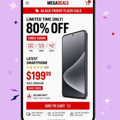 Image of a scam online shopping website showing a smartphone on sale for 80% off for a limited time