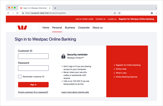 Screenshot of Westpac Online Banking sign in page with "auspost" in the URL
