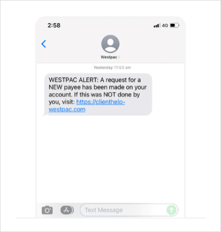 Screenshot of Westpac alert SMS containing a link with the URL "clienthelp-westpac.com" 